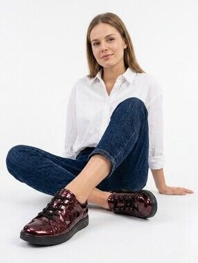 Ara HighSoft Metallic Burgundy Patent Leather Lace Up Sneakers Shoes - Size 7